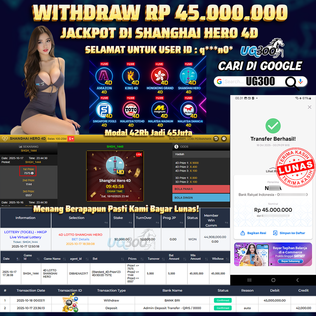 UG300 BERMAIN DI 4D SHANGHAI HERO JACKPOT  Rp.45,000,000- DI BAYAR TUNTAS